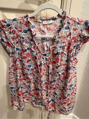 Avara Floral Ruffle Cap-Sleeve Blouse in Red, Pink & Blue